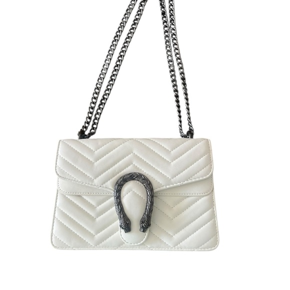 Handbags - White Quilted Shoulder Bag with Chain Strap